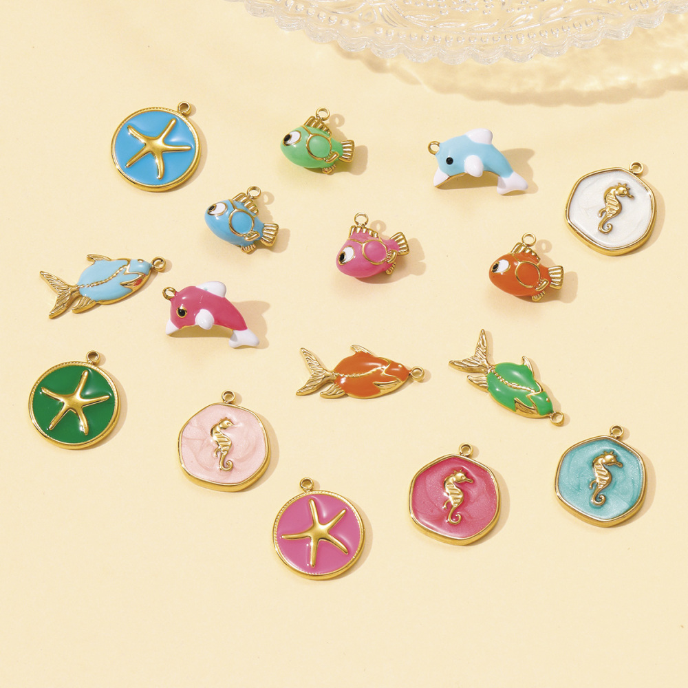 6pcs/pack Stainless Steel Enamel Starfish Seahorse Necklace Pendants Fish Dolphin DIY Bracelet Charms Women Ocean Style Jewelry