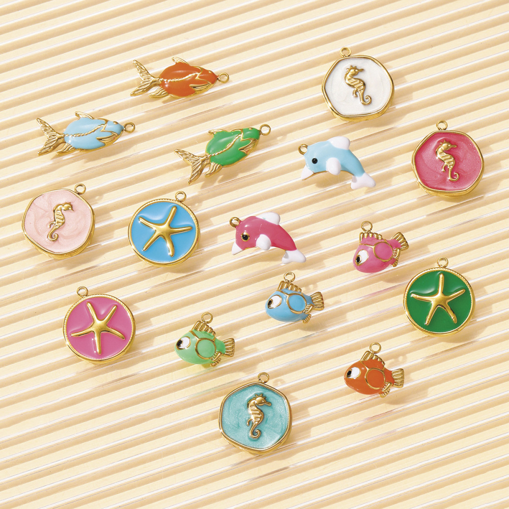 6pcs/pack Stainless Steel Enamel Starfish Seahorse Necklace Pendants Fish Dolphin DIY Bracelet Charms Women Ocean Style Jewelry