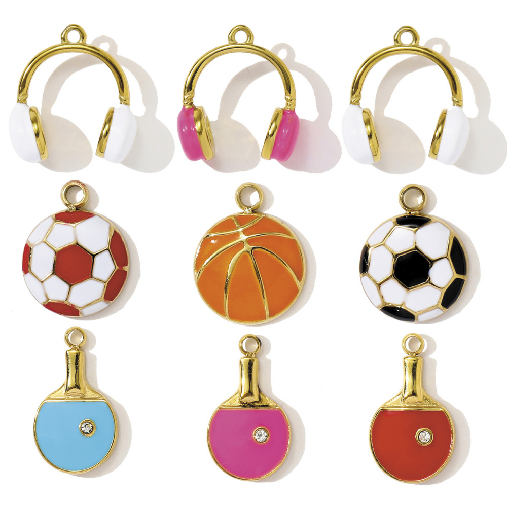 6pcs/pack Stainless Steel Enamel Headset Table Tennis Racket Necklace Pendants Basketball Baseball DIY Charms Women Sport Jewelry
