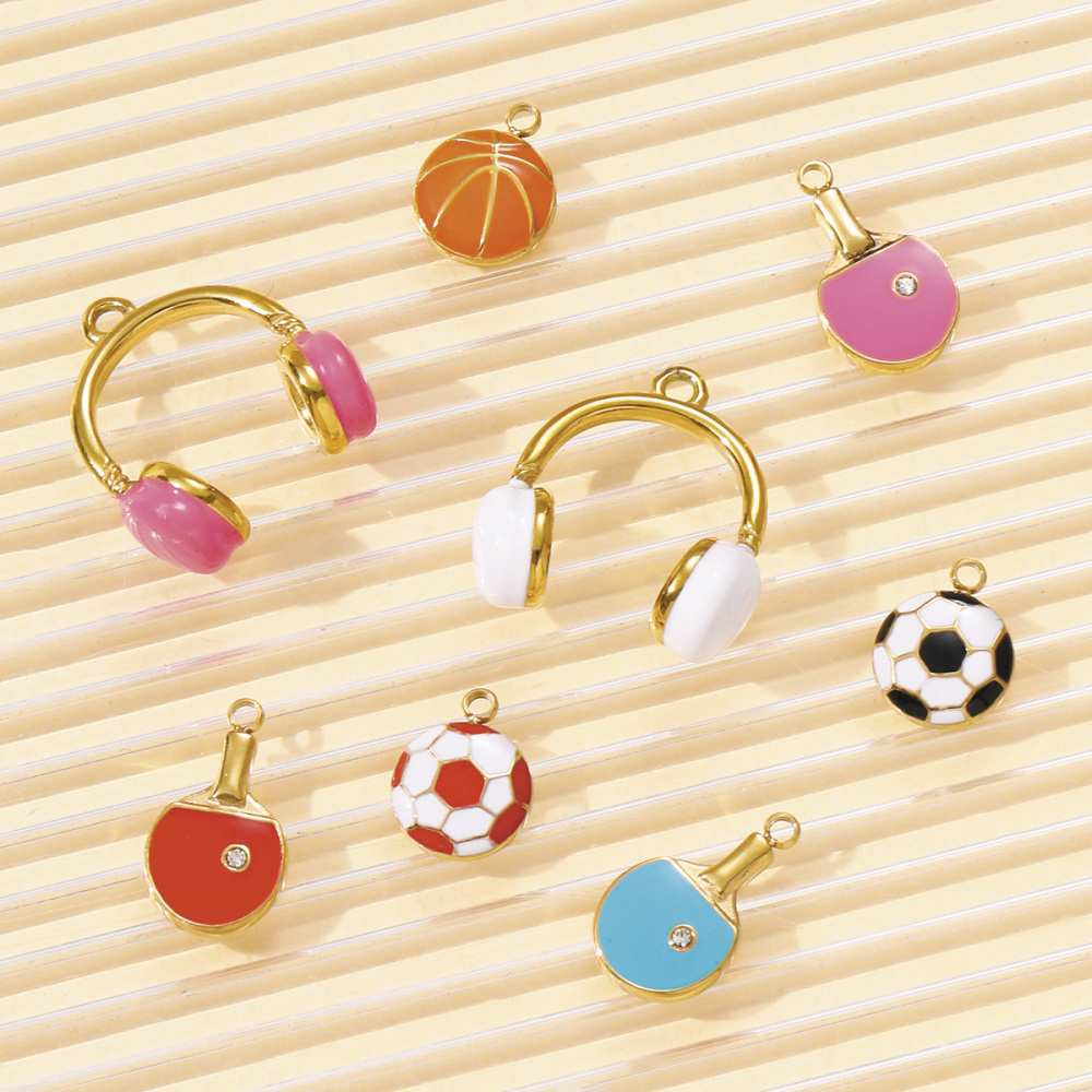 6pcs/pack Stainless Steel Enamel Headset Table Tennis Racket Necklace Pendants Basketball Baseball DIY Charms Women Sport Jewelry