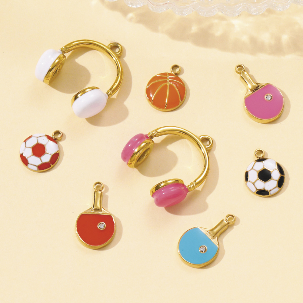 6pcs/pack Stainless Steel Enamel Headset Table Tennis Racket Necklace Pendants Basketball Baseball DIY Charms Women Sport Jewelry