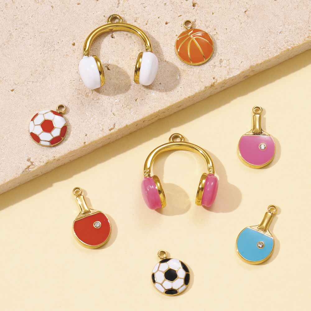 6pcs/pack Stainless Steel Enamel Headset Table Tennis Racket Necklace Pendants Basketball Baseball DIY Charms Women Sport Jewelry