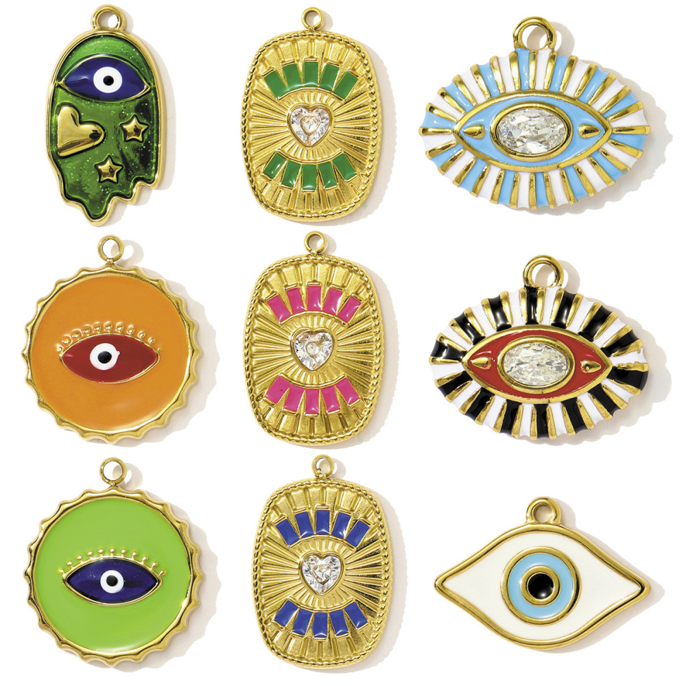 6pcs/pack Hip Hop Stainless Steel Enamel Evil Eye Necklace Pendants Rhinestone Heart DIY Earring Charms Women Painted Color Jewelry