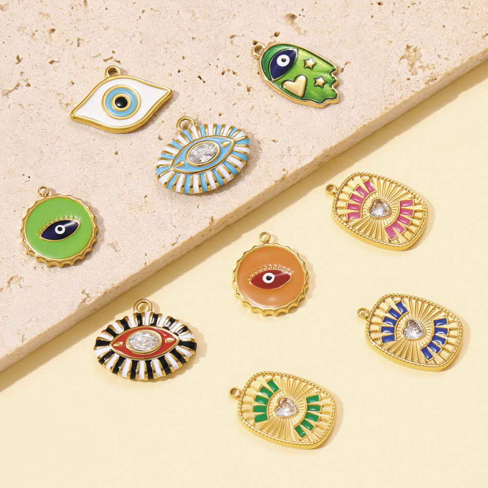 6pcs/pack Hip Hop Stainless Steel Enamel Evil Eye Necklace Pendants Rhinestone Heart DIY Earring Charms Women Painted Color Jewelry