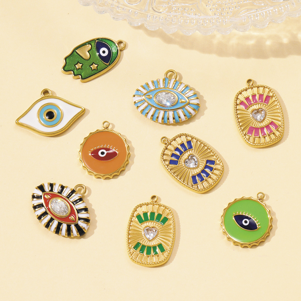 6pcs/pack Hip Hop Stainless Steel Enamel Evil Eye Necklace Pendants Rhinestone Heart DIY Earring Charms Women Painted Color Jewelry
