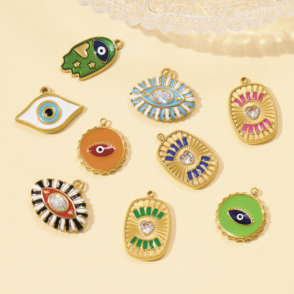 6pcs/pack Hip Hop Stainless Steel Enamel Evil Eye Necklace Pendants Rhinestone Heart DIY Earring Charms Women Painted Color Jewelry