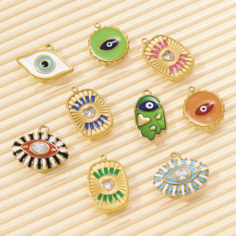 6pcs/pack Hip Hop Stainless Steel Enamel Evil Eye Necklace Pendants Rhinestone Heart DIY Earring Charms Women Painted Color Jewelry