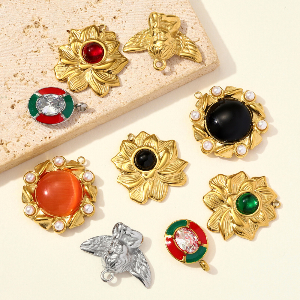 6pcs/pack Stainless Steel Rhinestone Lotus Necklace Pendant Flower Stone DIY Earring Charm Women Angel Cupid Jewelry Wholesale