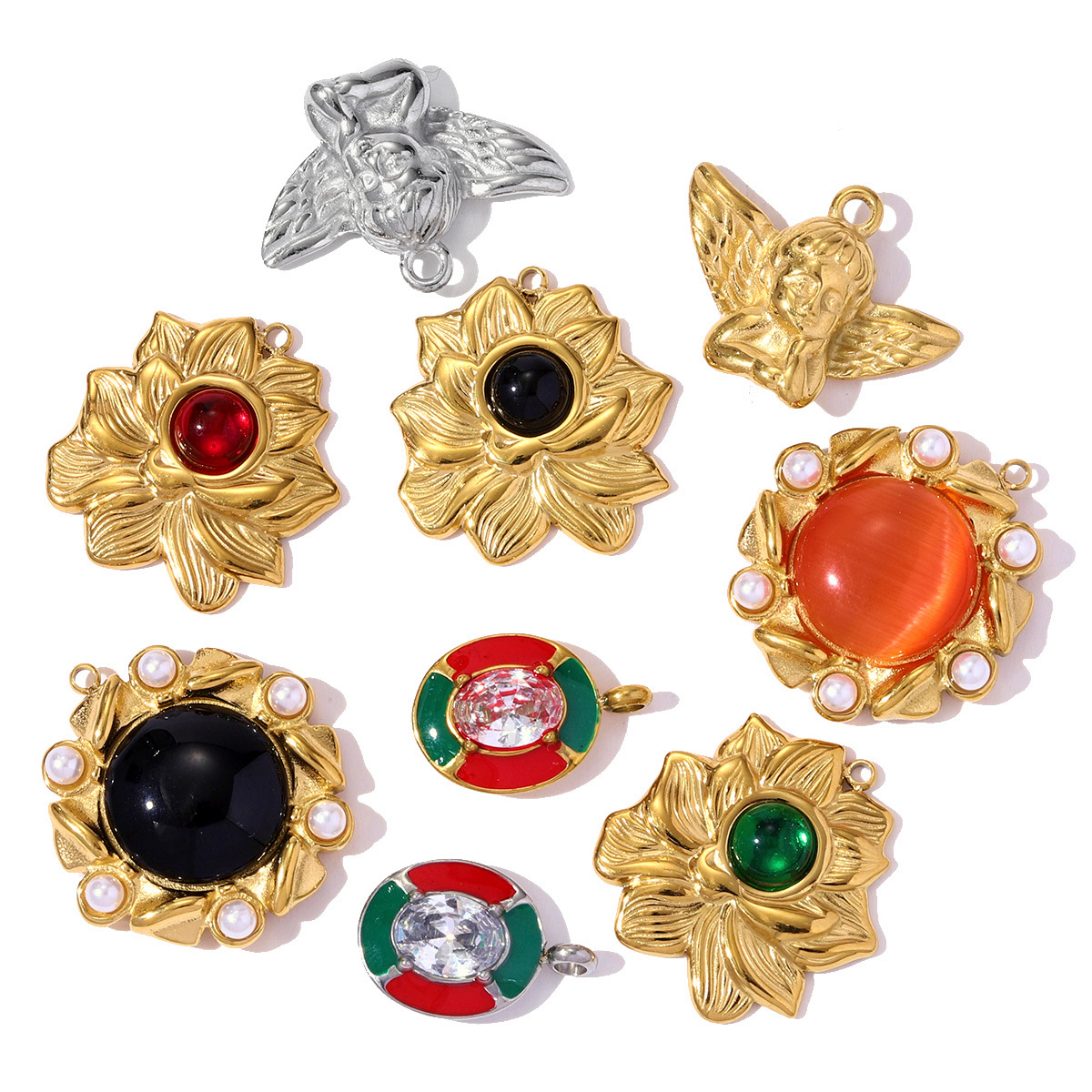 6pcs/pack Stainless Steel Rhinestone Lotus Necklace Pendant Flower Stone DIY Earring Charm Women Angel Cupid Jewelry Wholesale