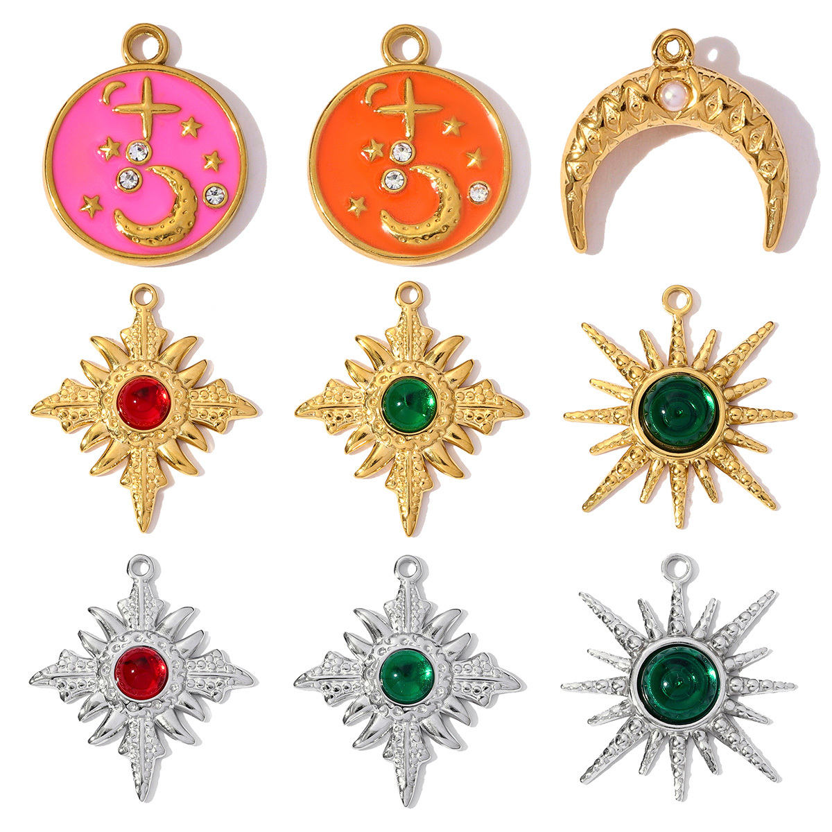 6pcs/pack Stainless Steel Resin Stone Cross Sun Necklace Pendant Star DIY Earring Charm Women Crescent Moon Jewelry Wholesale