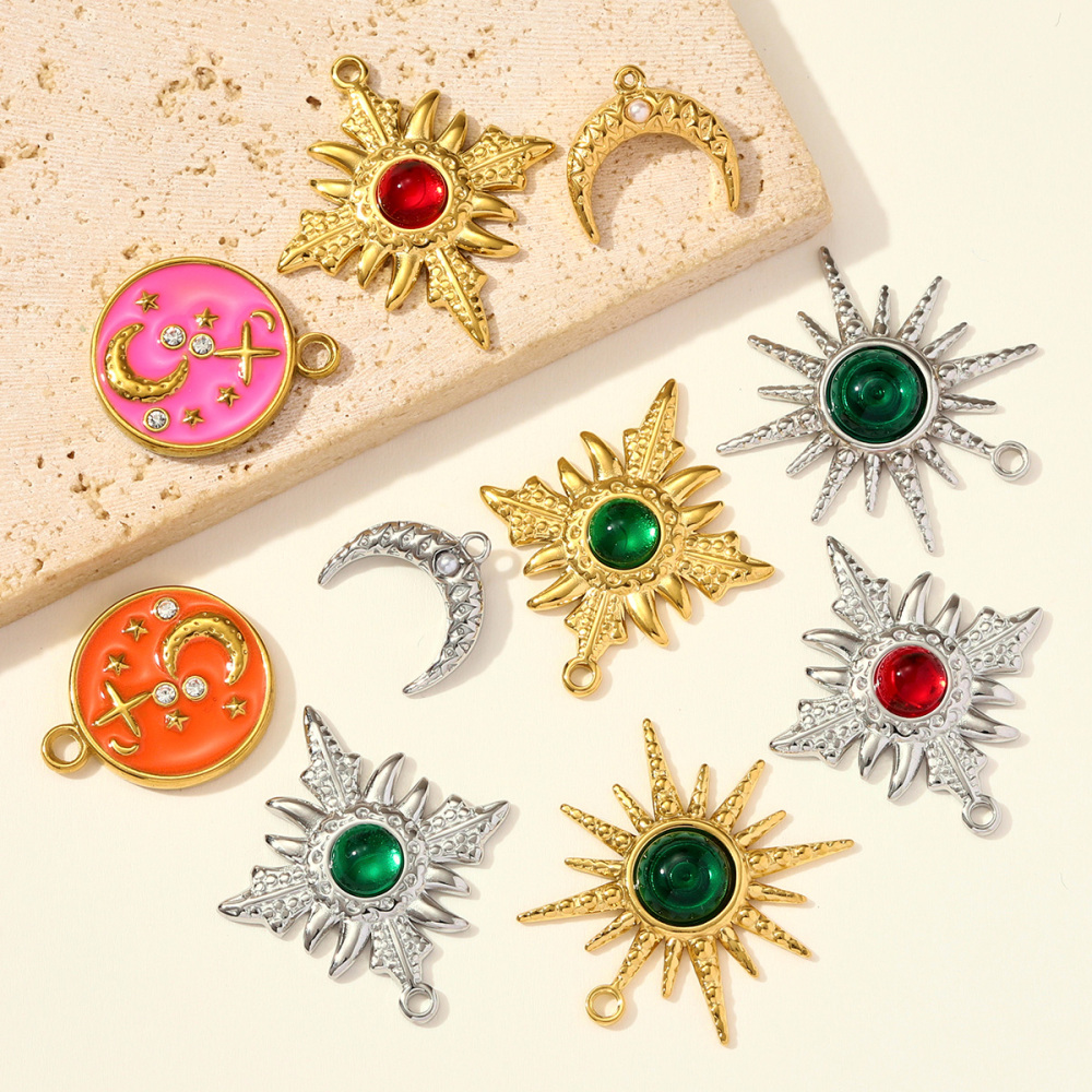 6pcs/pack Stainless Steel Resin Stone Cross Sun Necklace Pendant Star DIY Earring Charm Women Crescent Moon Jewelry Wholesale