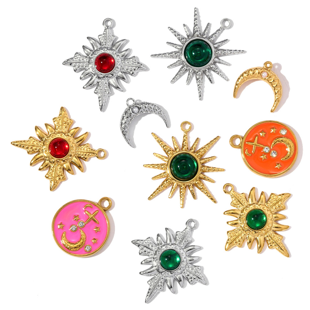 6pcs/pack Stainless Steel Resin Stone Cross Sun Necklace Pendant Star DIY Earring Charm Women Crescent Moon Jewelry Wholesale