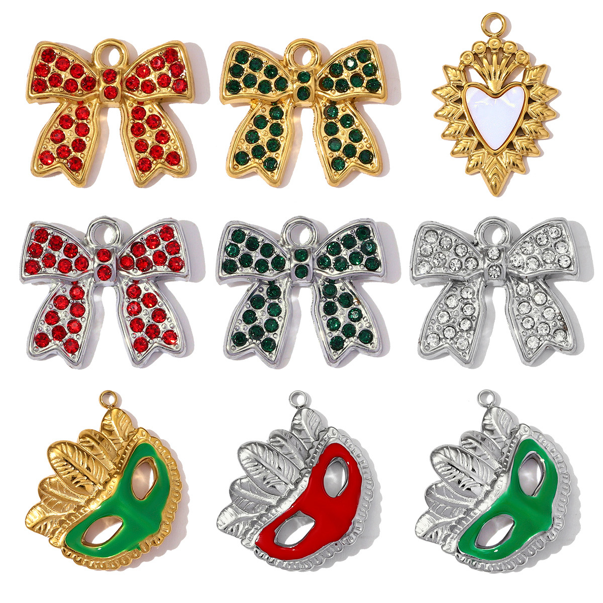 6pcs/pack Stainless Steel Enamel Lady Mask Necklace Pendant Crystal Bowknot DIY Earring Charm Women Crown Heart Jewelry Wholesale