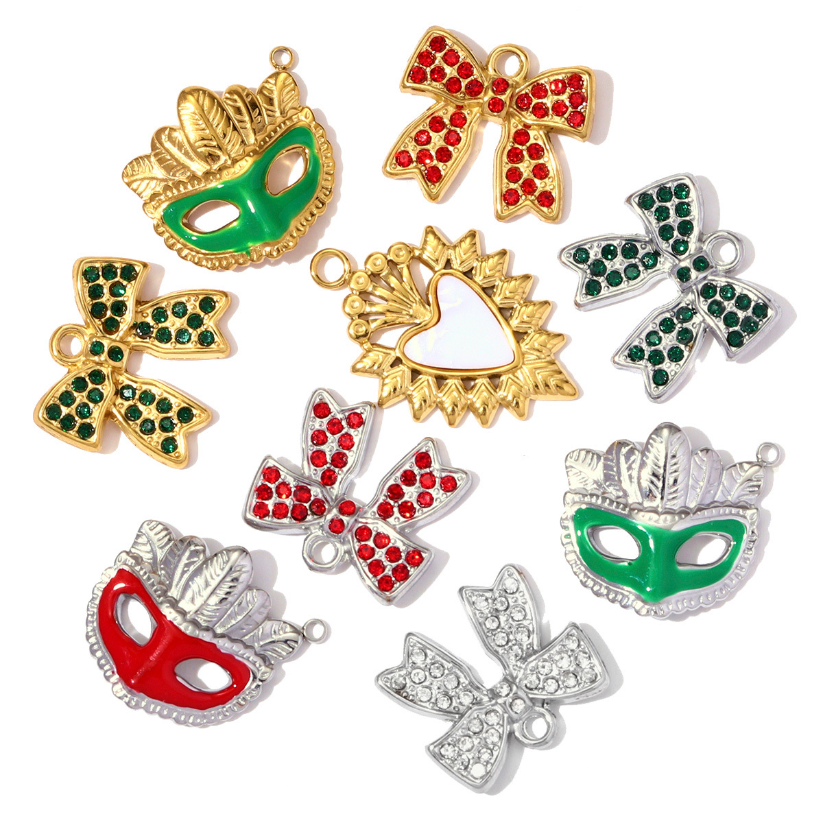 6pcs/pack Stainless Steel Enamel Lady Mask Necklace Pendant Crystal Bowknot DIY Earring Charm Women Crown Heart Jewelry Wholesale