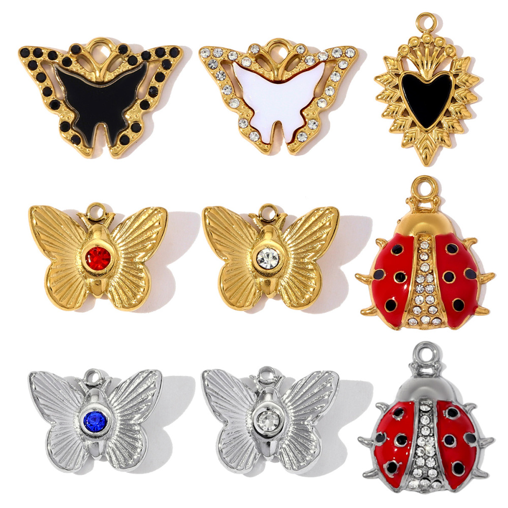 6pcs/pack Stainless Steel Enamel Ladybird Necklace Pendant Crystal Butterfly DIY Earring Charm Women Crown Heart Jewelry Wholesale