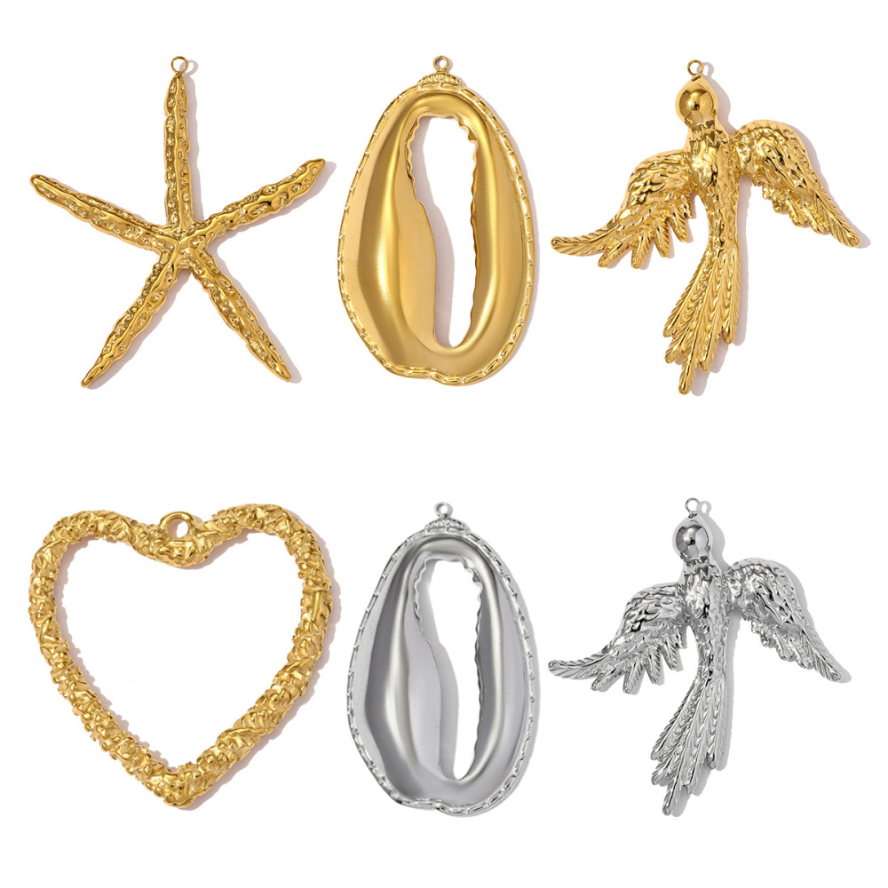 6pcs/pack Big Size Stainless Steel Shell Phoenix Bird Necklace Pendant Hollow Heart DIY Earring Charm Women Starfhish Jewelry Wholesale