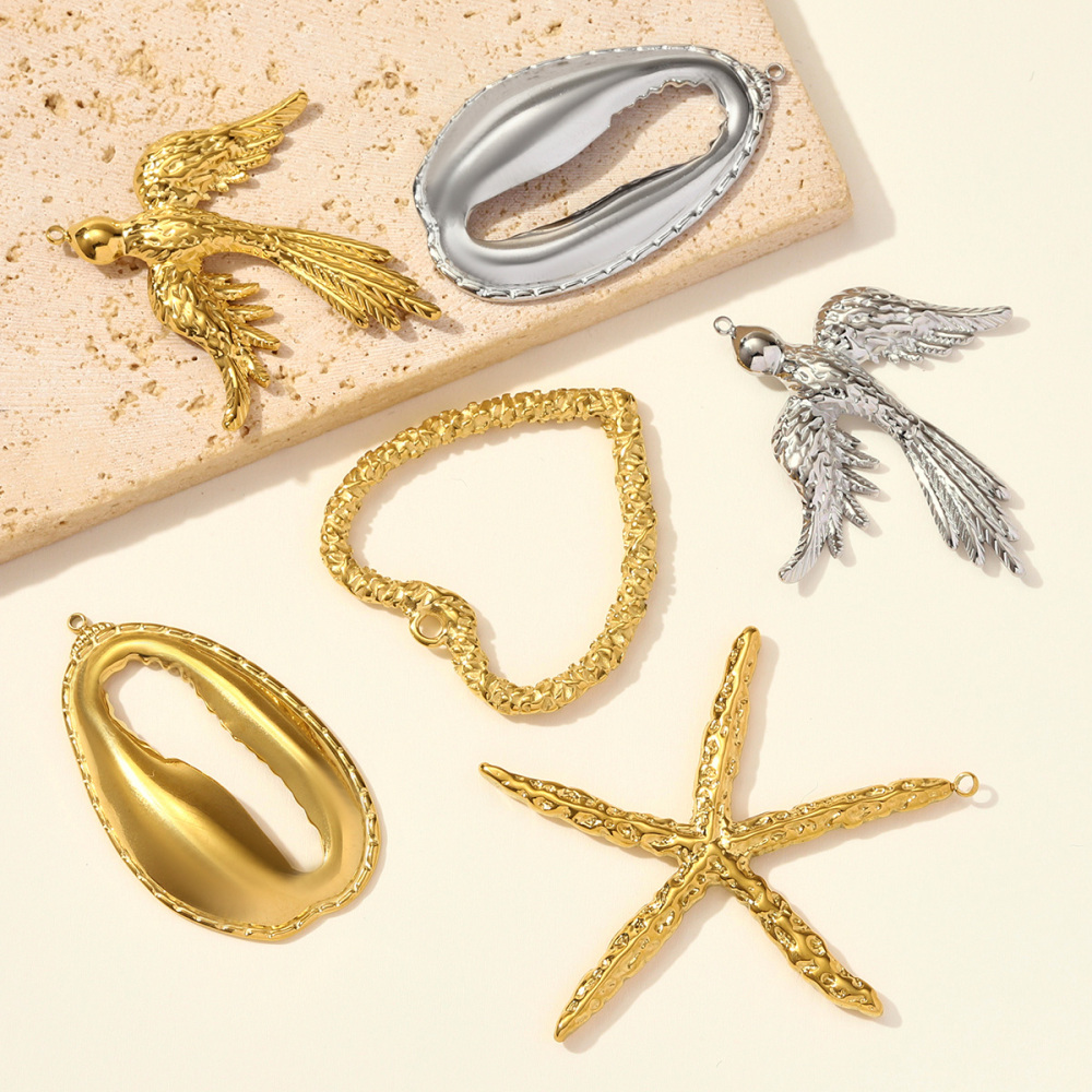 6pcs/pack Big Size Stainless Steel Shell Phoenix Bird Necklace Pendant Hollow Heart DIY Earring Charm Women Starfhish Jewelry Wholesale