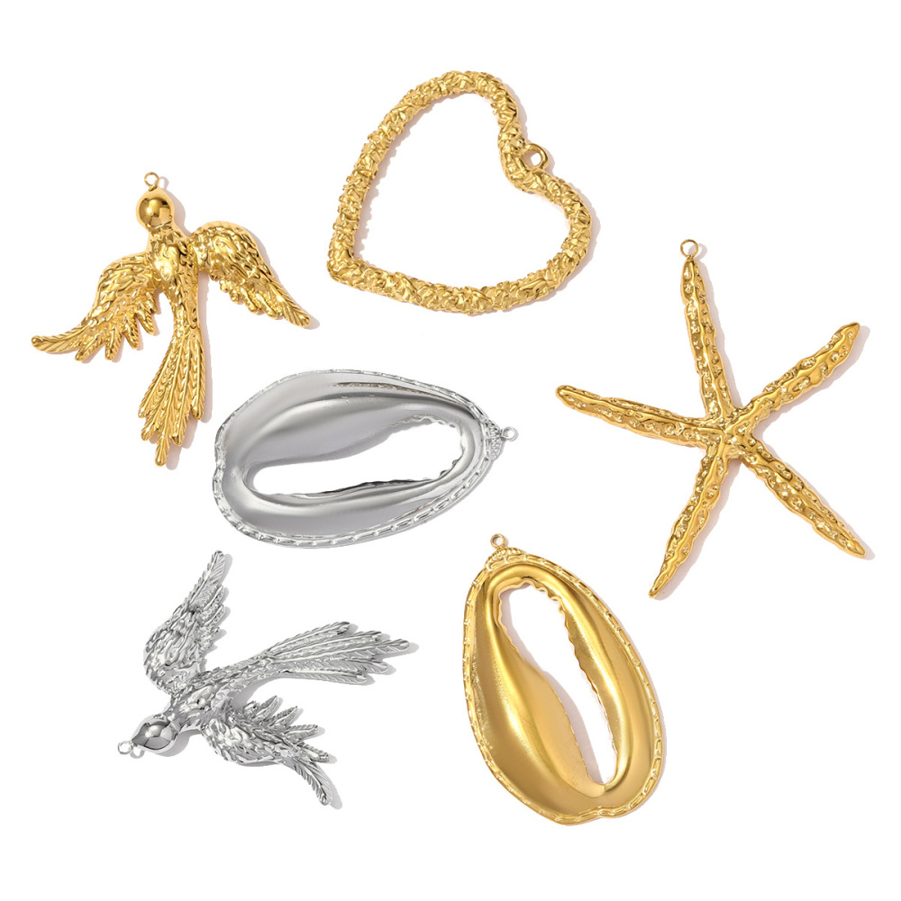 6pcs/pack Big Size Stainless Steel Shell Phoenix Bird Necklace Pendant Hollow Heart DIY Earring Charm Women Starfhish Jewelry Wholesale