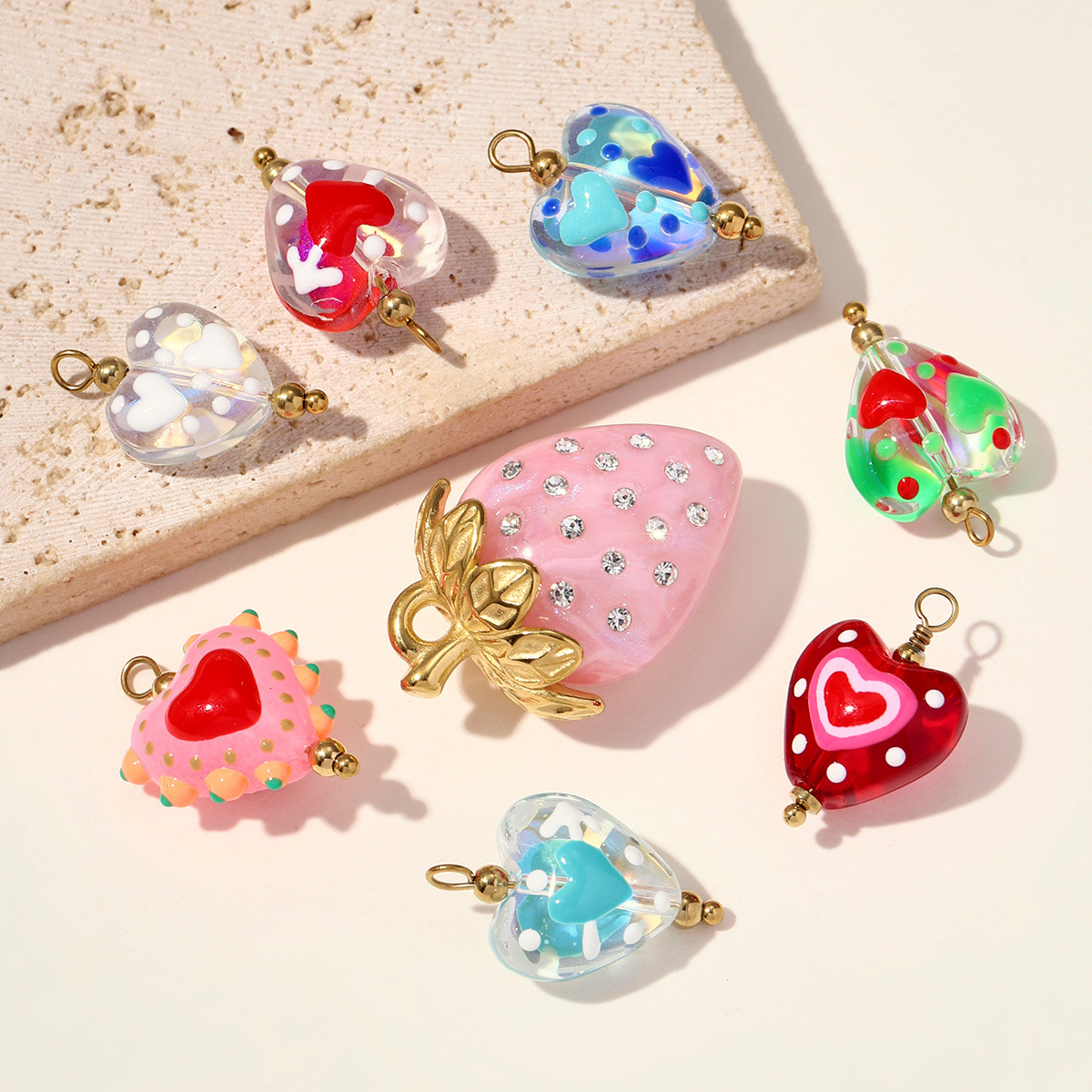 6pcs/pack Pink Enamel Strawberry Stainless Steel DIY Earring Charms Lampwork Glass Heart Pendants Woman Jewelry Necklace Making