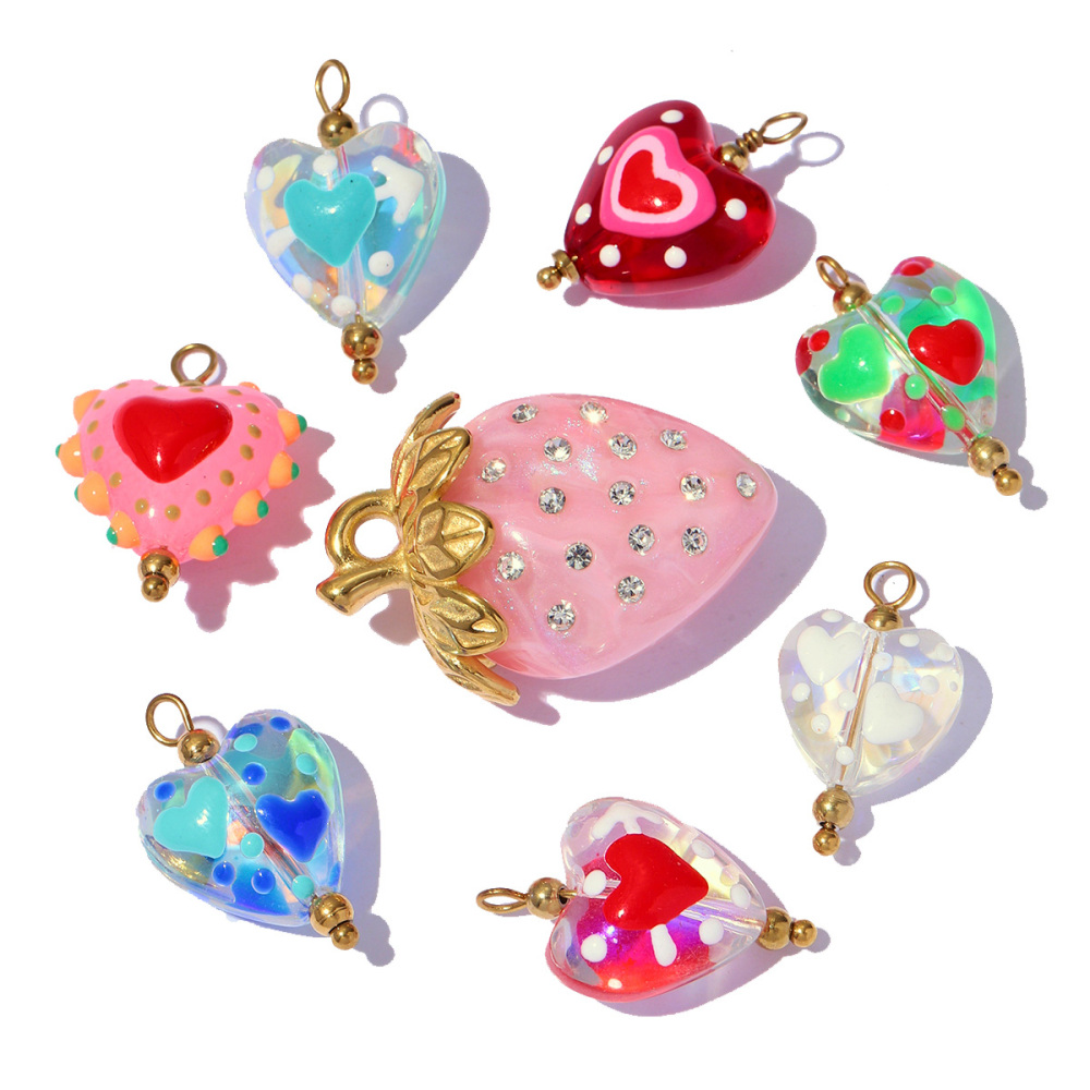 6pcs/pack Pink Enamel Strawberry Stainless Steel DIY Earring Charms Lampwork Glass Heart Pendants Woman Jewelry Necklace Making