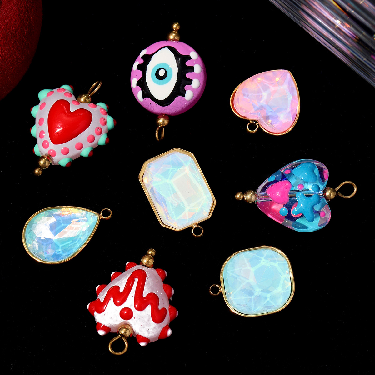 6pcs/pack Stainless Steel Enamel Lampwork Glass Heart DIY Earring Charm Strawberry Evil Eye Pendant Woman Necklace Making Jewelry