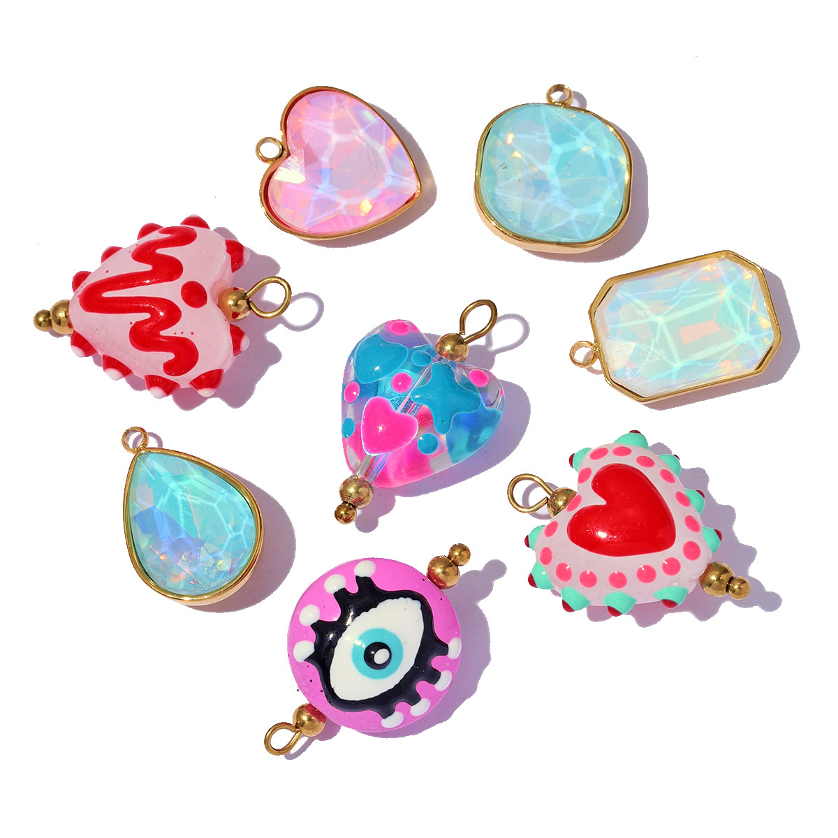6pcs/pack Pink Enamel Strawberry Stainless Steel DIY Earring Charms Lampwork Glass Heart Pendants Woman Jewelry Necklace Making
