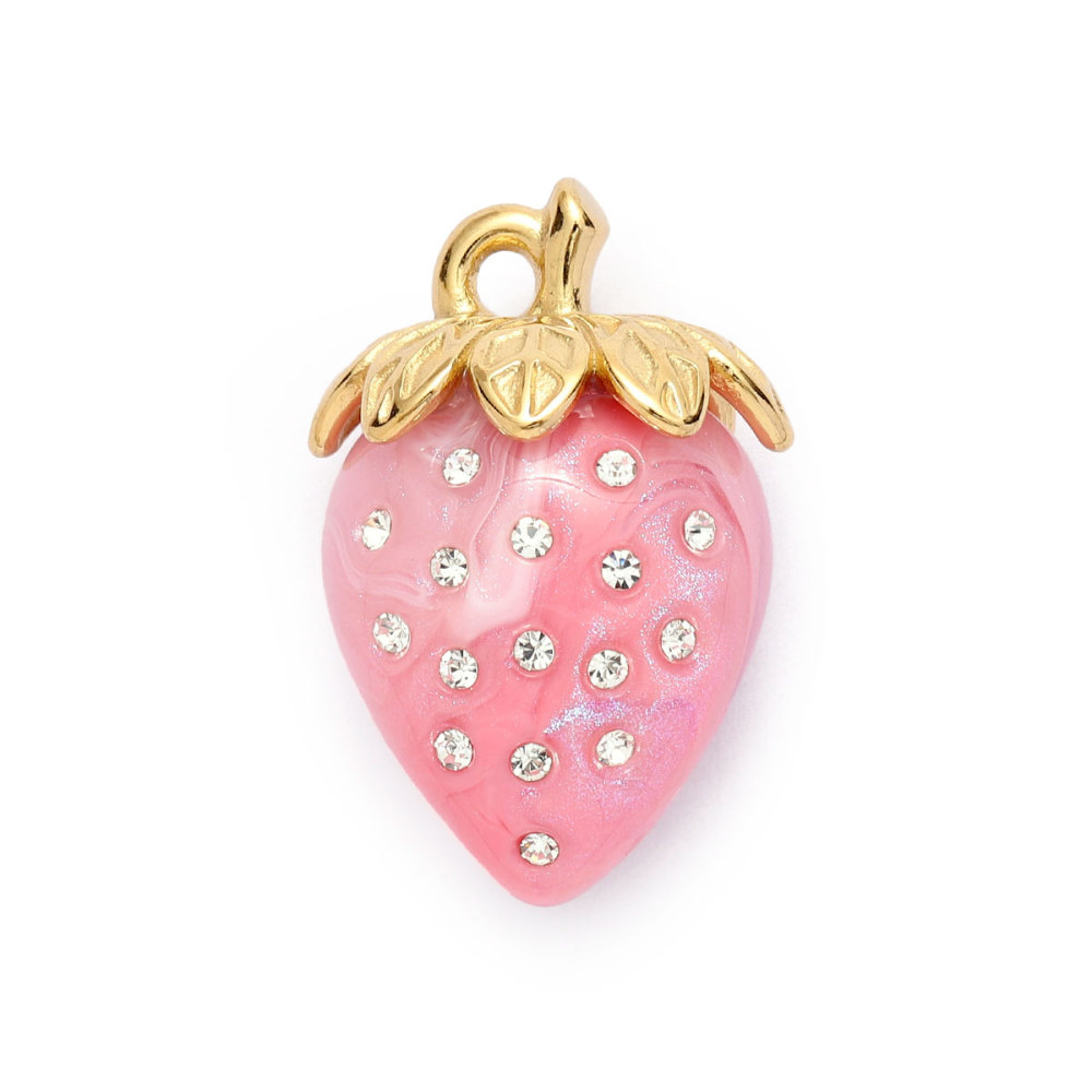6pcs/pack Pink Enamel Strawberry Stainless Steel DIY Earring Charms Lampwork Glass Heart Pendants Woman Jewelry Necklace Making