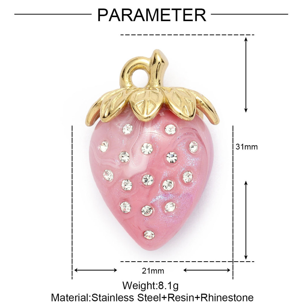 6pcs/pack Pink Enamel Strawberry Stainless Steel DIY Earring Charms Lampwork Glass Heart Pendants Woman Jewelry Necklace Making