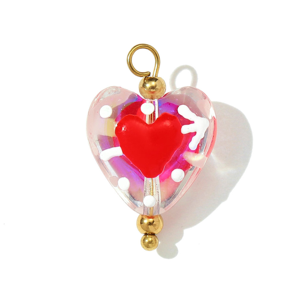 6pcs/pack Pink Enamel Strawberry Stainless Steel DIY Earring Charms Lampwork Glass Heart Pendants Woman Jewelry Necklace Making