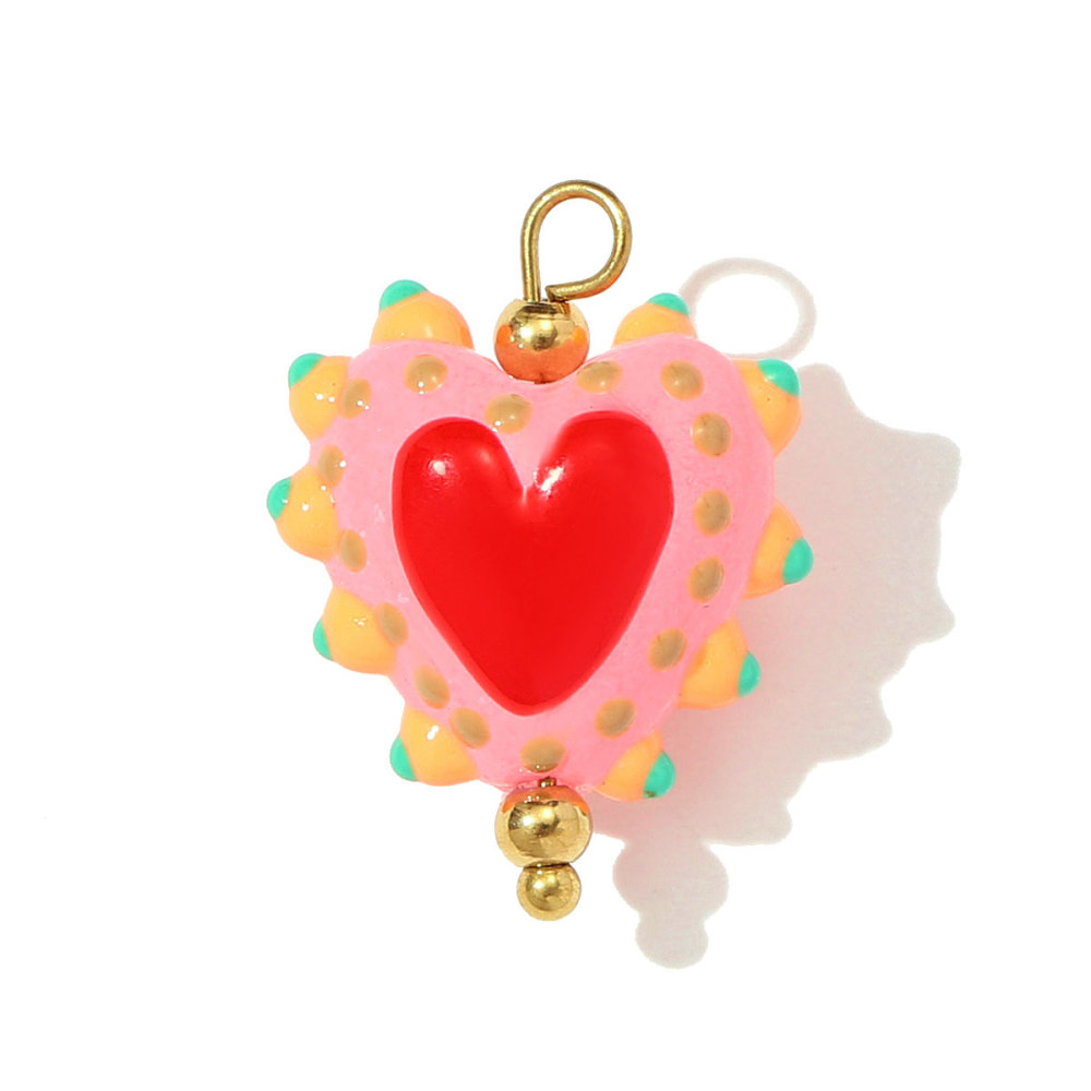 6pcs/pack Pink Enamel Strawberry Stainless Steel DIY Earring Charms Lampwork Glass Heart Pendants Woman Jewelry Necklace Making