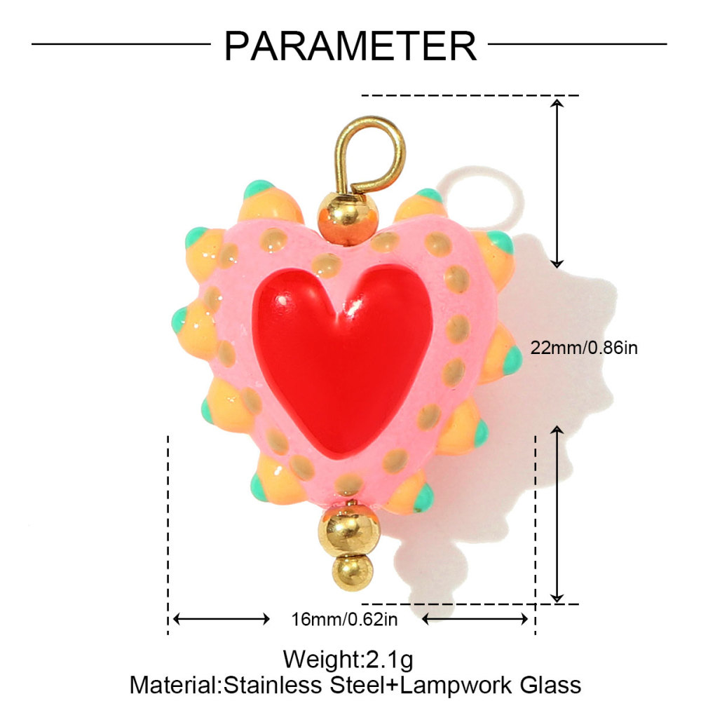 6pcs/pack Pink Enamel Strawberry Stainless Steel DIY Earring Charms Lampwork Glass Heart Pendants Woman Jewelry Necklace Making