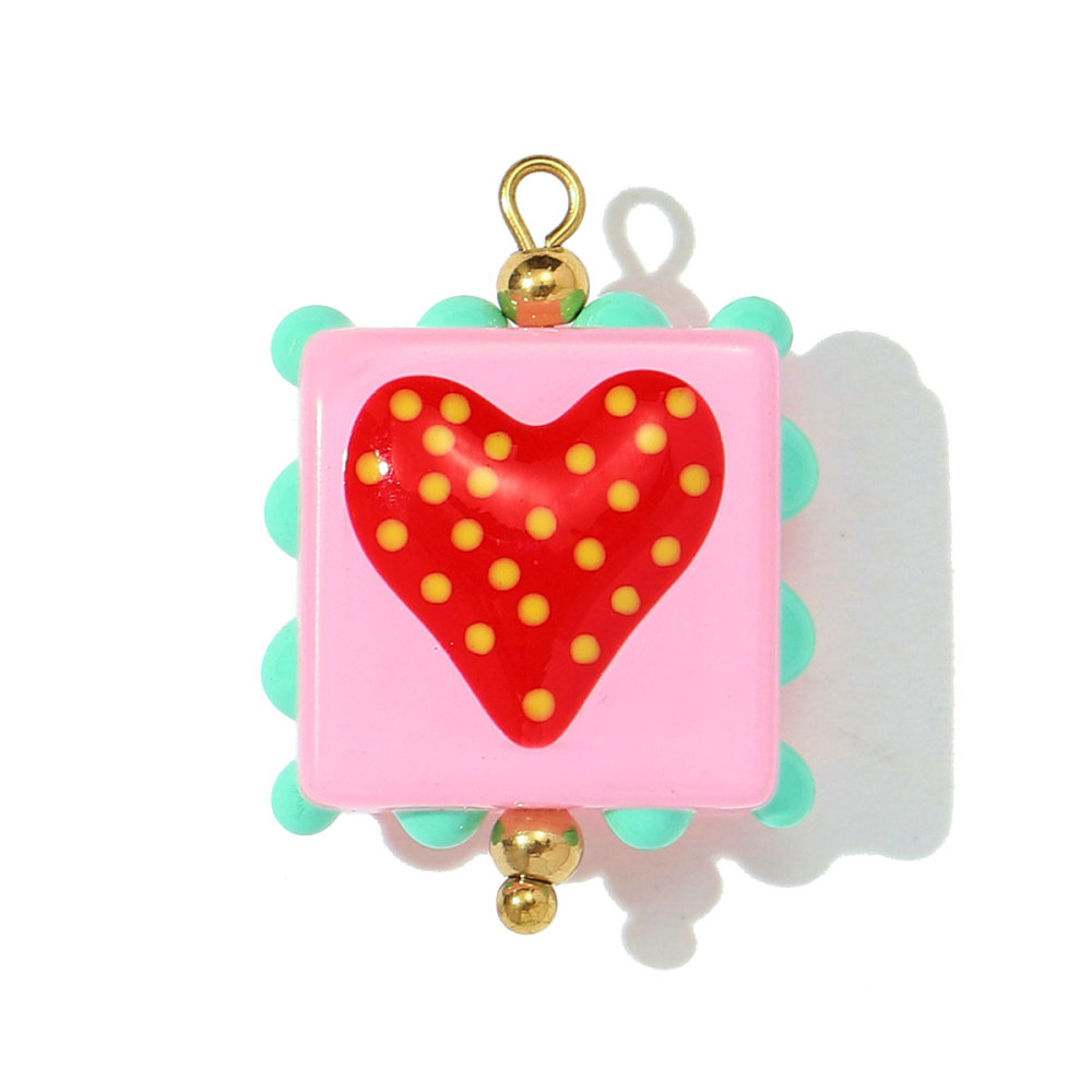 6pcs/pack Pink Enamel Strawberry Stainless Steel DIY Earring Charms Lampwork Glass Heart Pendants Woman Jewelry Necklace Making
