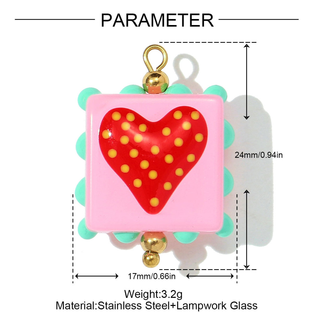 6pcs/pack Pink Enamel Strawberry Stainless Steel DIY Earring Charms Lampwork Glass Heart Pendants Woman Jewelry Necklace Making