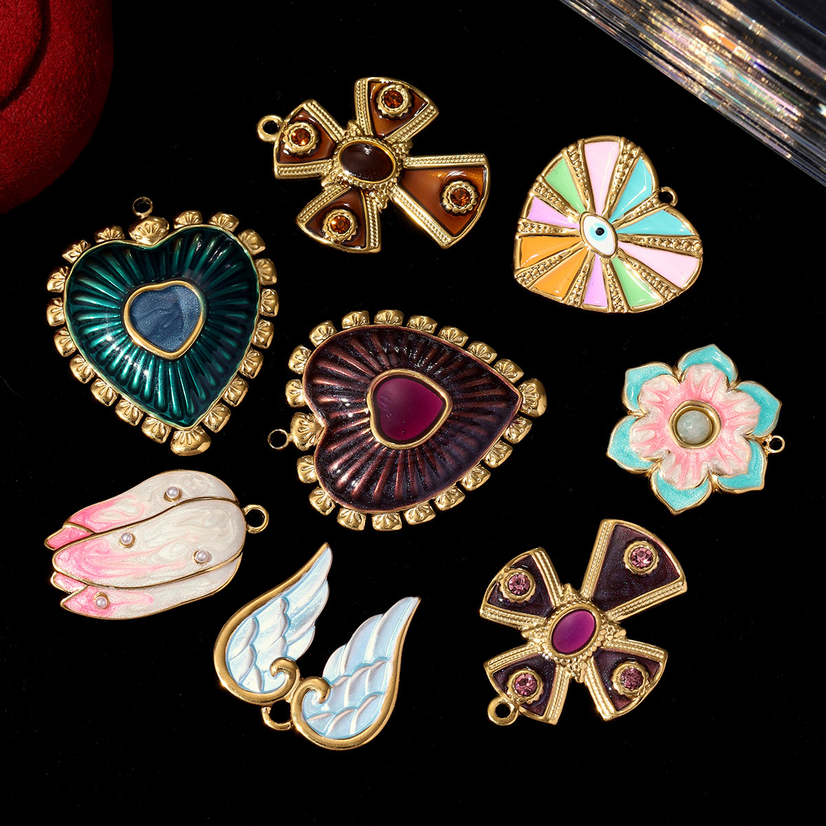 6pcs/pack Rainbow Enamel Evil Eye Heart Stainless Steel DIY Charm Women Jewelry Leopard Leaf Angle Wing Pendant Necklace Making