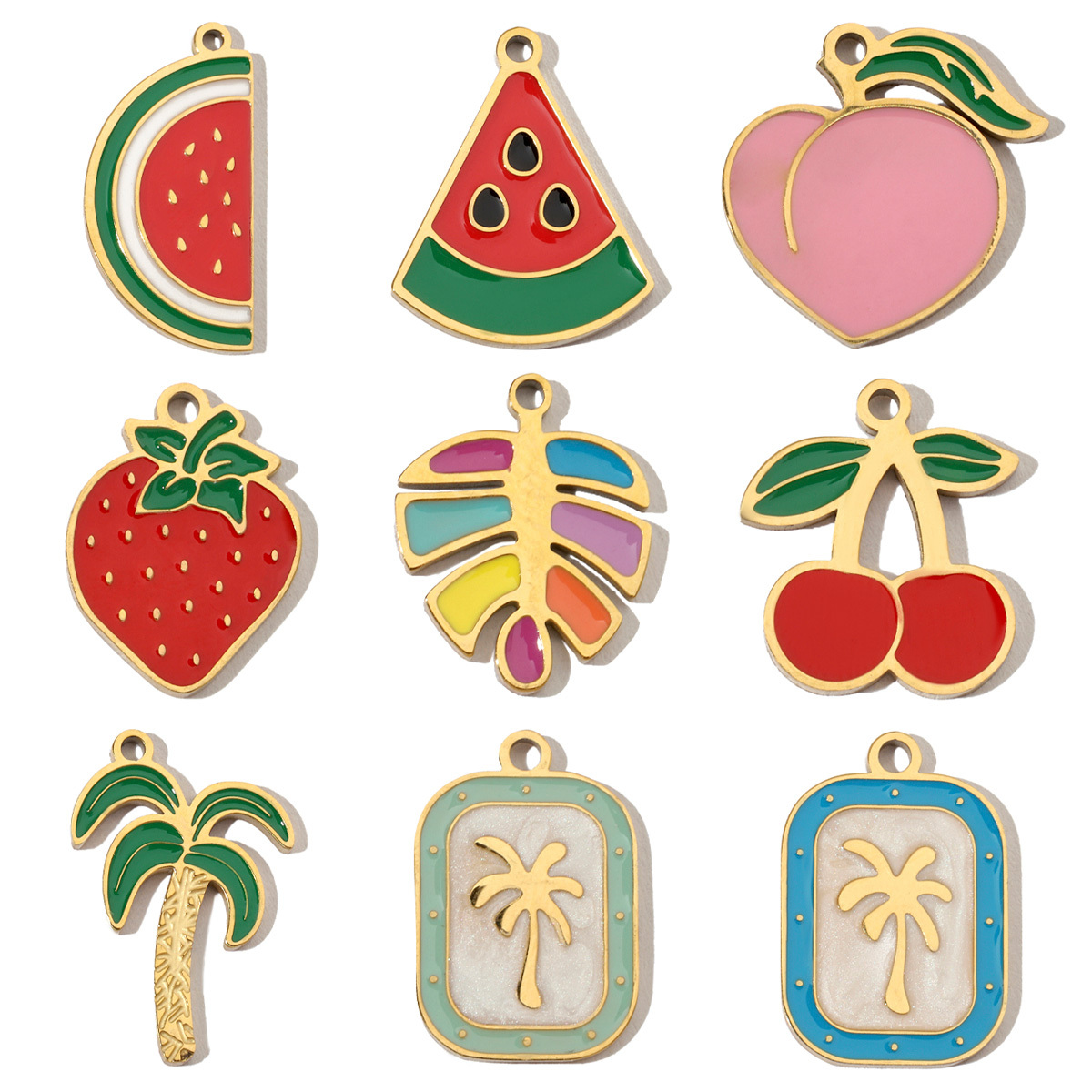 6pcs/pack Fruit Cherry Enamel Stainless Steel Diy Charms Women Peach Palm Tree Earring Necklace Pendant Watermelon Jewelry
