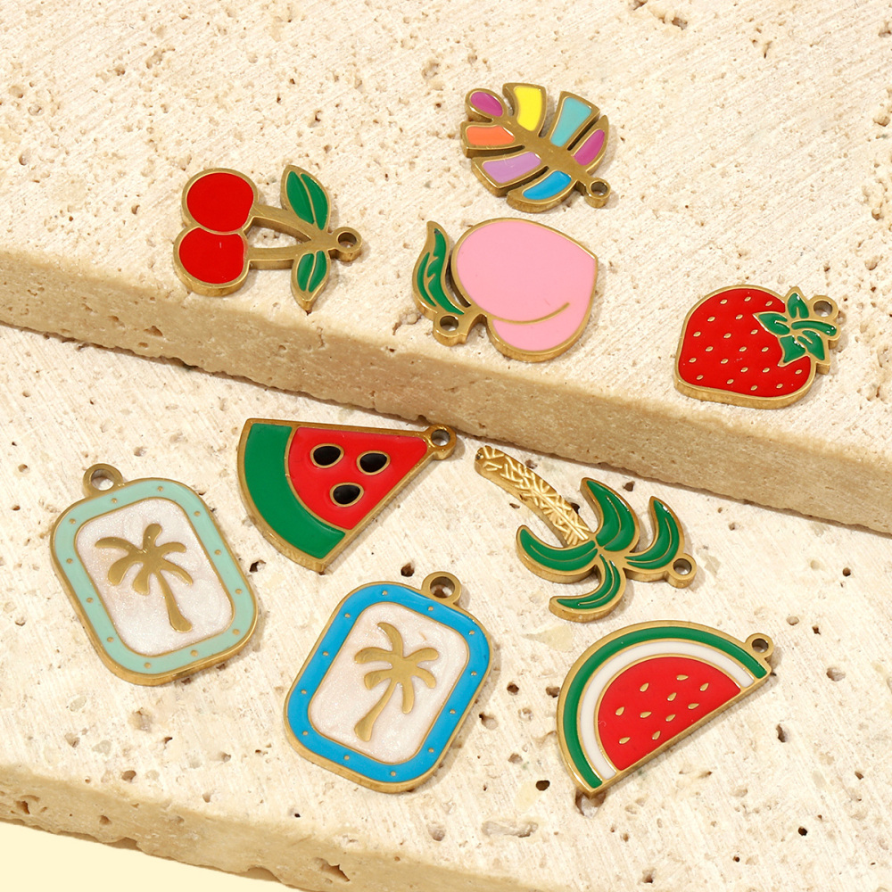 6pcs/pack Fruit Cherry Enamel Stainless Steel Diy Charms Women Peach Palm Tree Earring Necklace Pendant Watermelon Jewelry