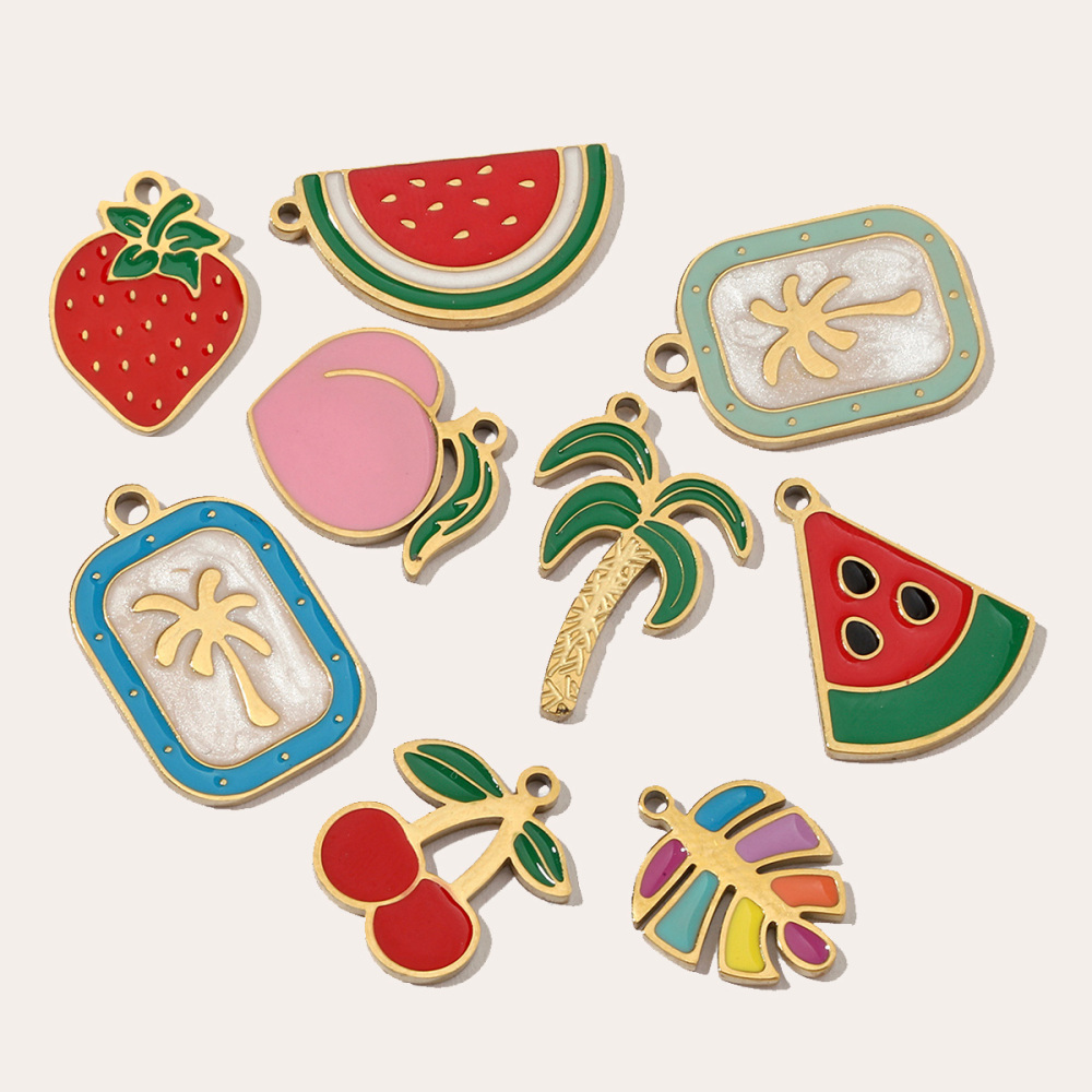 6pcs/pack Fruit Cherry Enamel Stainless Steel Diy Charms Women Peach Palm Tree Earring Necklace Pendant Watermelon Jewelry