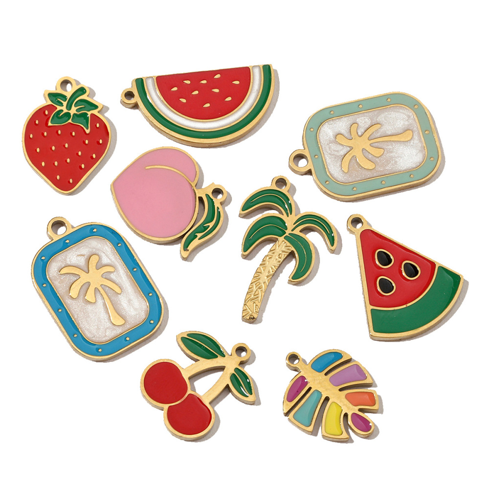 6pcs/pack Fruit Cherry Enamel Stainless Steel Diy Charms Women Peach Palm Tree Earring Necklace Pendant Watermelon Jewelry