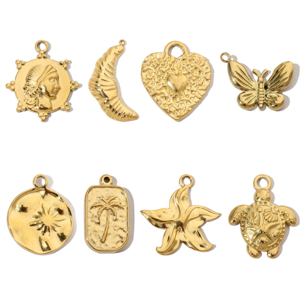 6pcs/pack French Antique Coin Sun Stainless Steel Diy Charms Women Heart Butterfly Earring Necklace Pendant Croissant Jewelry