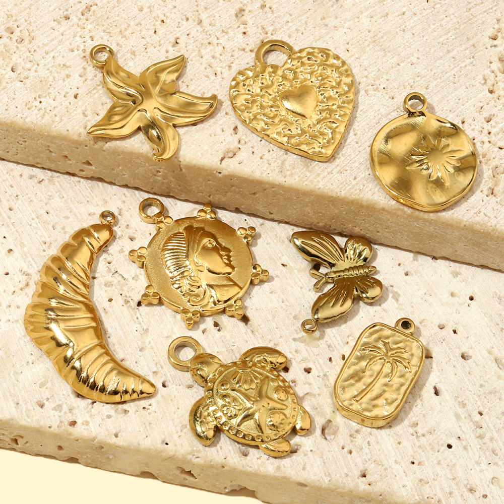 6pcs/pack French Antique Coin Sun Stainless Steel Diy Charms Women Heart Butterfly Earring Necklace Pendant Croissant Jewelry