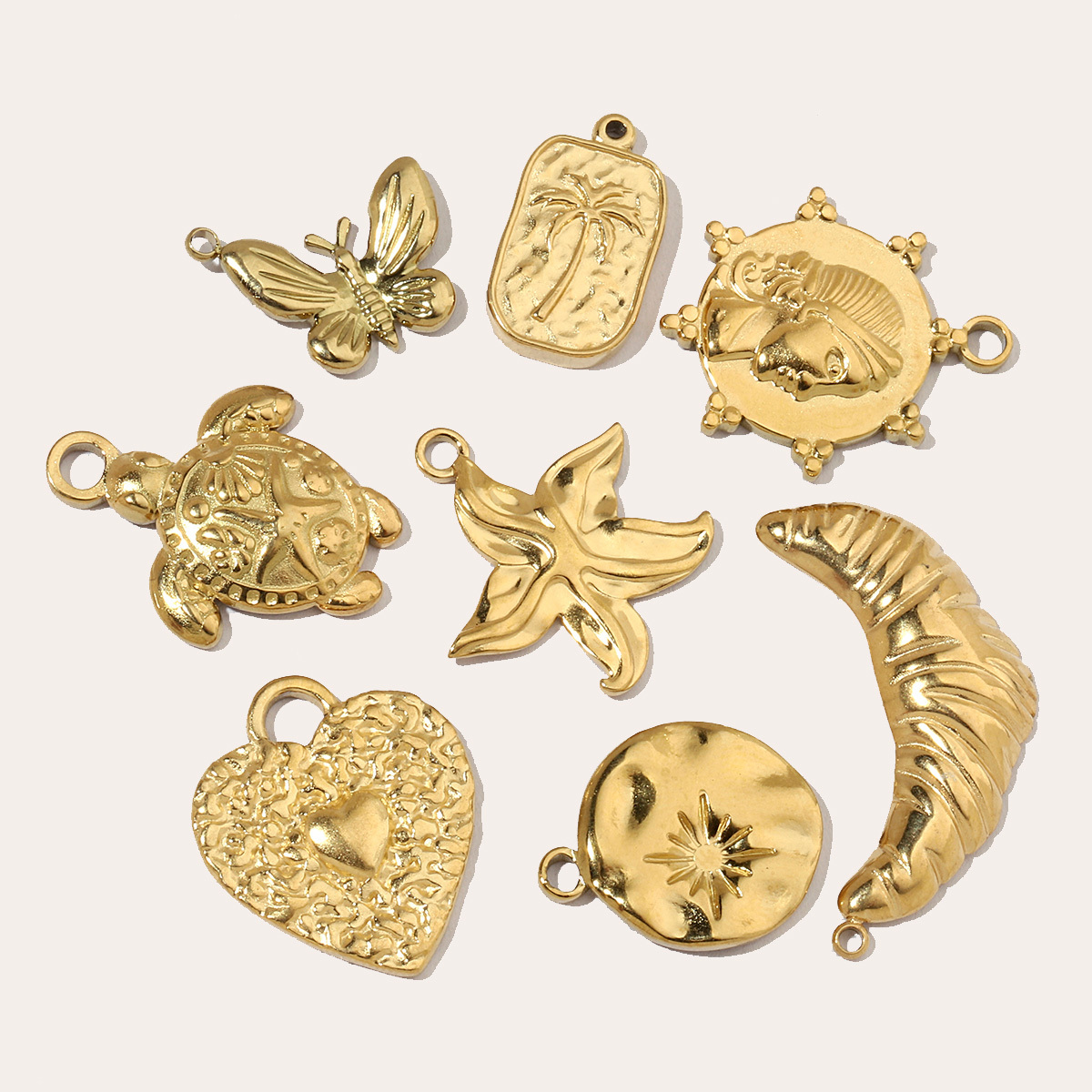 6pcs/pack French Antique Coin Sun Stainless Steel Diy Charms Women Heart Butterfly Earring Necklace Pendant Croissant Jewelry