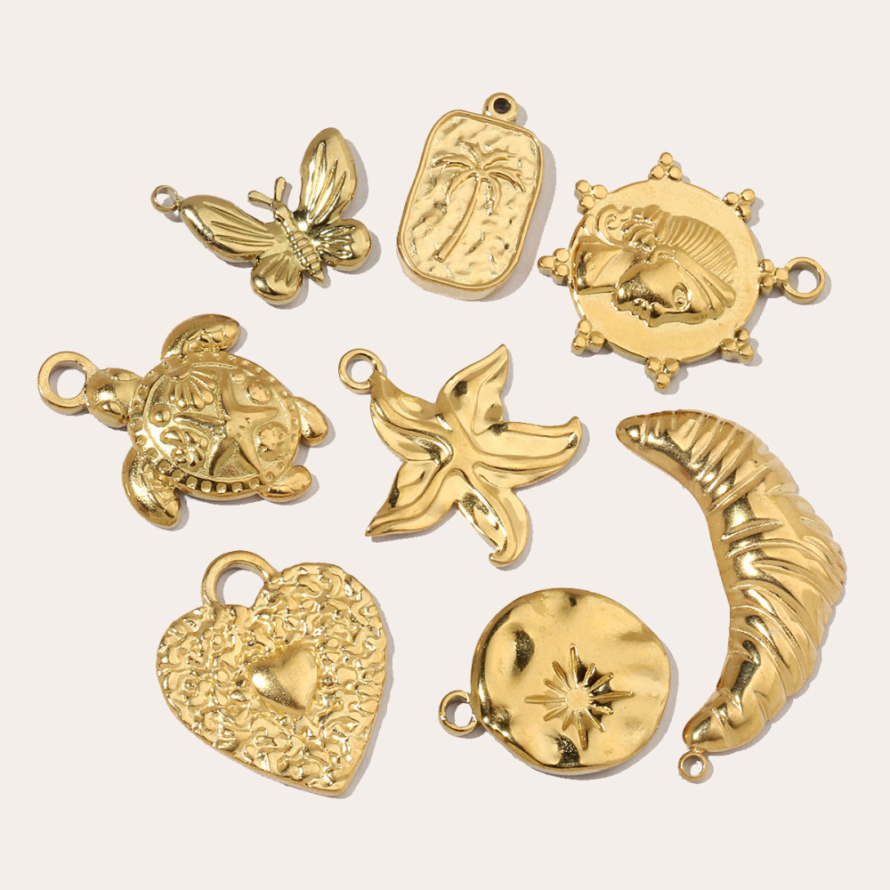 6pcs/pack French Antique Coin Sun Stainless Steel Diy Charms Women Heart Butterfly Earring Necklace Pendant Croissant Jewelry