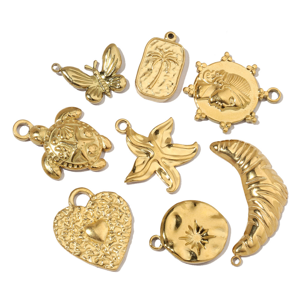 6pcs/pack French Antique Coin Sun Stainless Steel Diy Charms Women Heart Butterfly Earring Necklace Pendant Croissant Jewelry