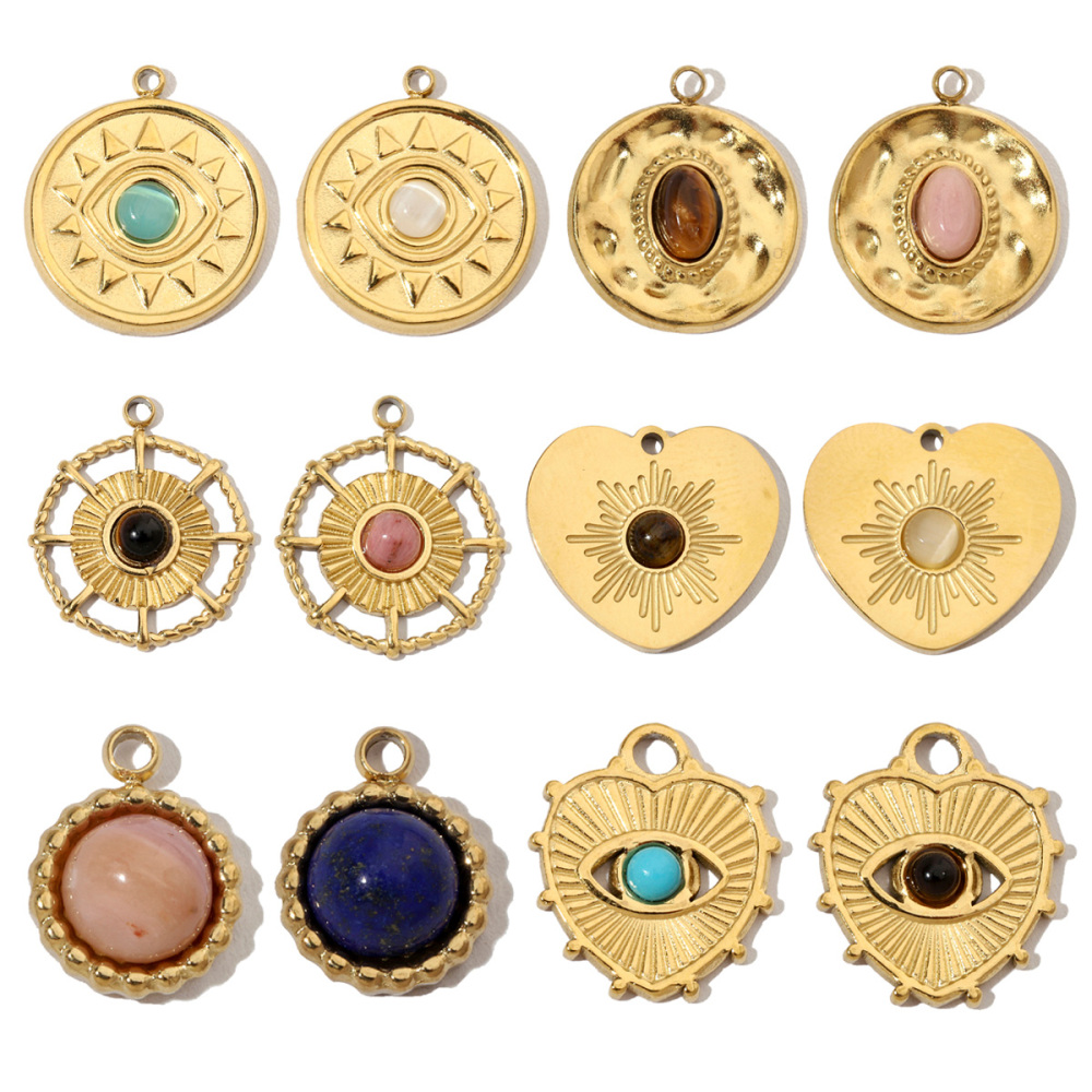 6pcs/pack French Sun Natural Stone Stainless Steel Diy Charms Women Heart Tiger Eye Necklace Pendant Round Lapis Lazuli Jewelry