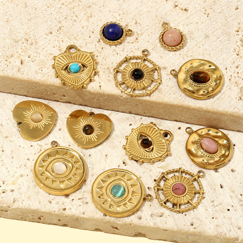 6pcs/pack French Sun Natural Stone Stainless Steel Diy Charms Women Heart Tiger Eye Necklace Pendant Round Lapis Lazuli Jewelry