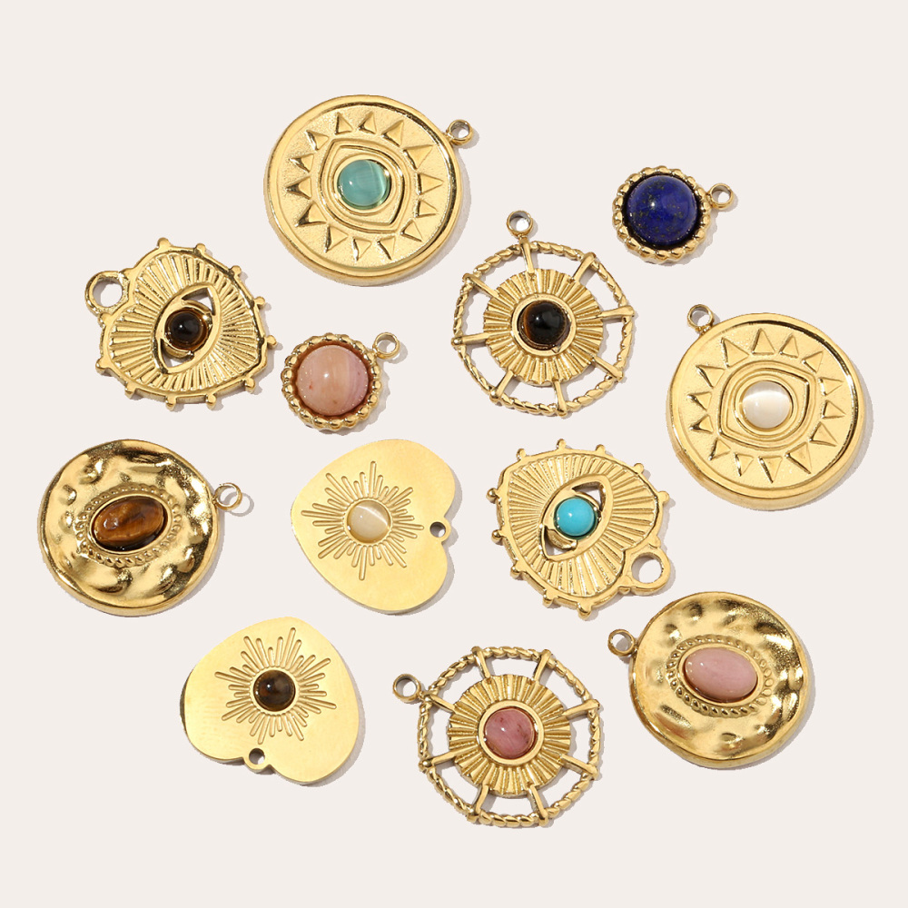 6pcs/pack French Sun Natural Stone Stainless Steel Diy Charms Women Heart Tiger Eye Necklace Pendant Round Lapis Lazuli Jewelry