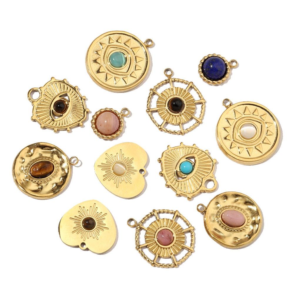 6pcs/pack French Sun Natural Stone Stainless Steel Diy Charms Women Heart Tiger Eye Necklace Pendant Round Lapis Lazuli Jewelry