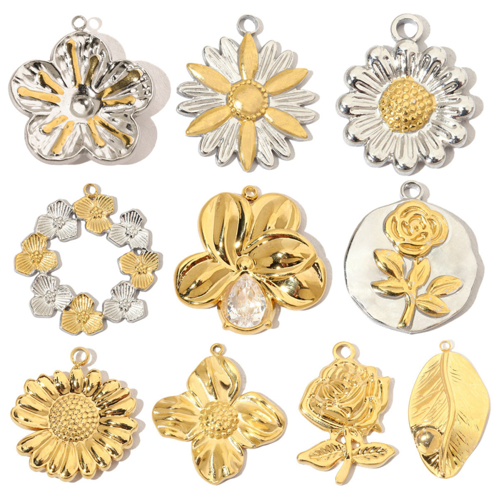6pcs/pack French Daisy Rose Stone Stainless Steel Diy Charms Women Leaf Necklace Pendant Two Tone Flower Jewelry