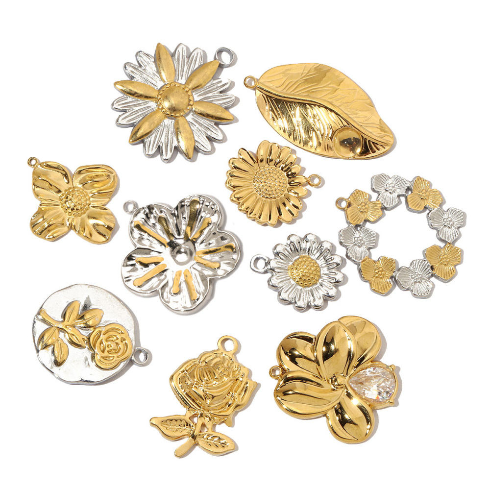 6pcs/pack French Daisy Rose Stone Stainless Steel Diy Charms Women Leaf Necklace Pendant Two Tone Flower Jewelry