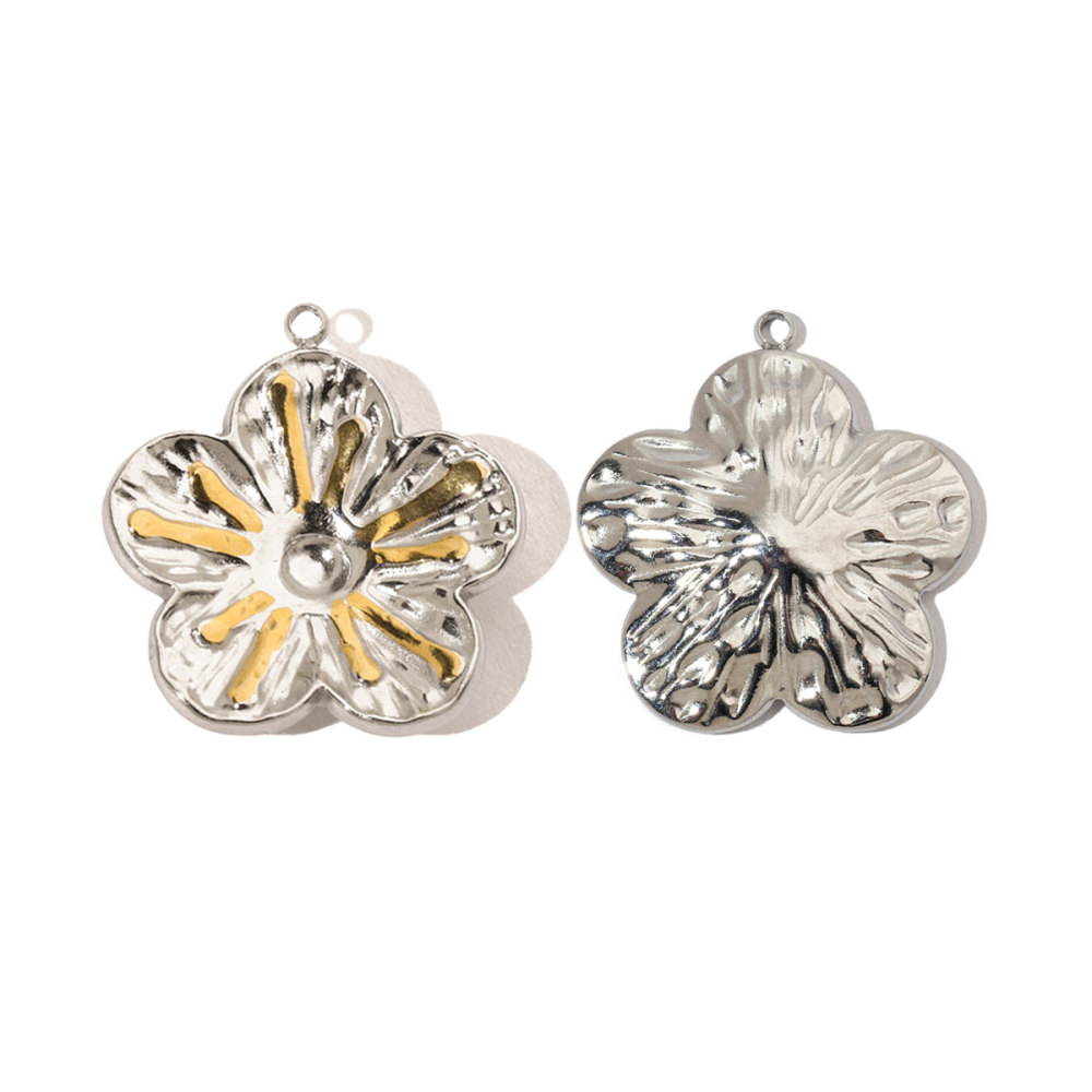 6pcs/pack French Daisy Rose Stone Stainless Steel Diy Charms Women Leaf Necklace Pendant Two Tone Flower Jewelry